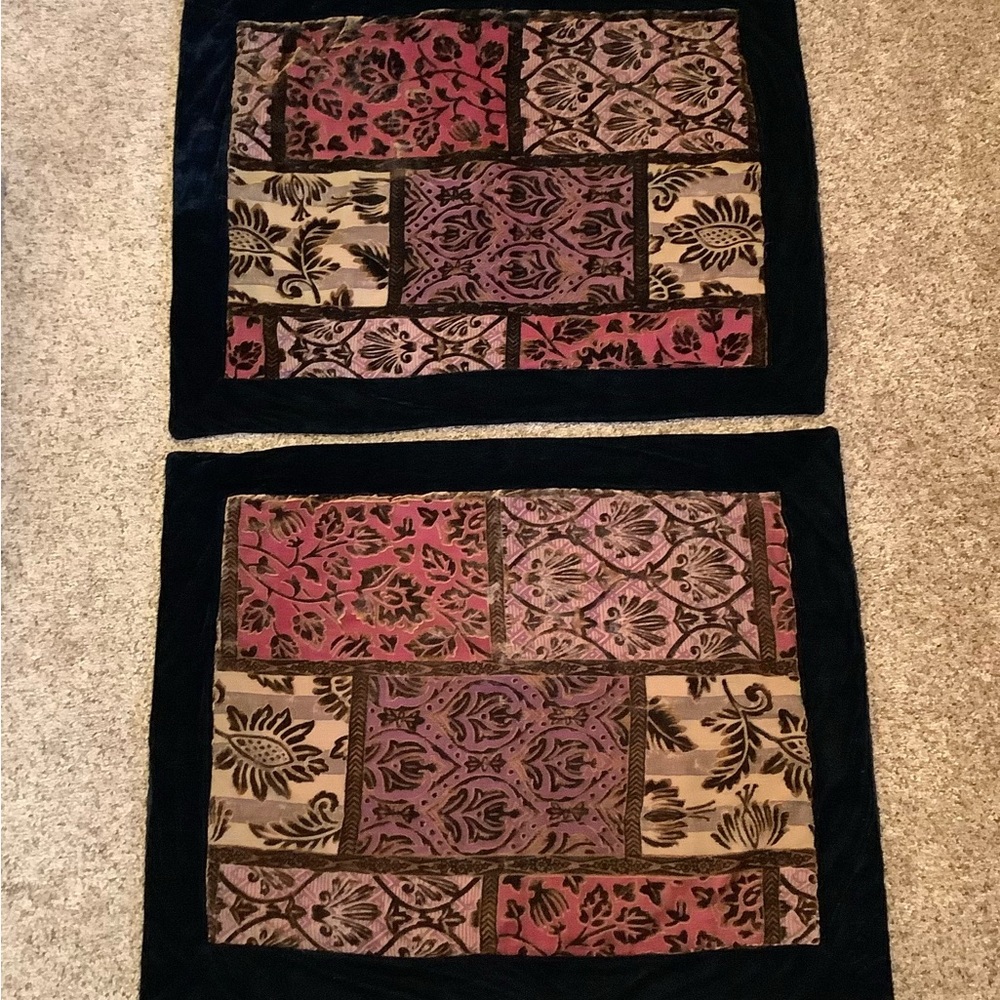 Pillow Shams Pair Lush Black velour with antique colors red purple gold